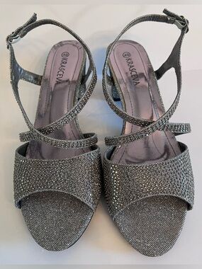 Krasceva Metallic Silver Rhinestone Slingback Block Heel Sandals Size 40